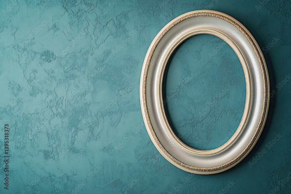 A delicate oval frame with a pearlescent finish, uniquely placed on a rich teal wall, with its gentle curves creating a soft, romantic aesthetic.