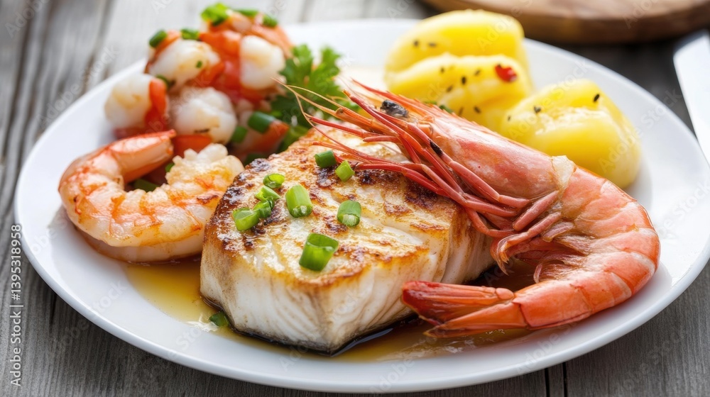 Grilled Seafood Platter with Shrimp and Fish on Plate Grilled Seafood Platter with Shrimp and Fish on Plate