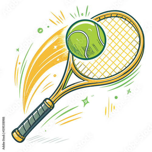 Create a bold, dynamic vector illustration of a tennis racket striking a tennis ball.  Focus on powerful, impactful strokes.