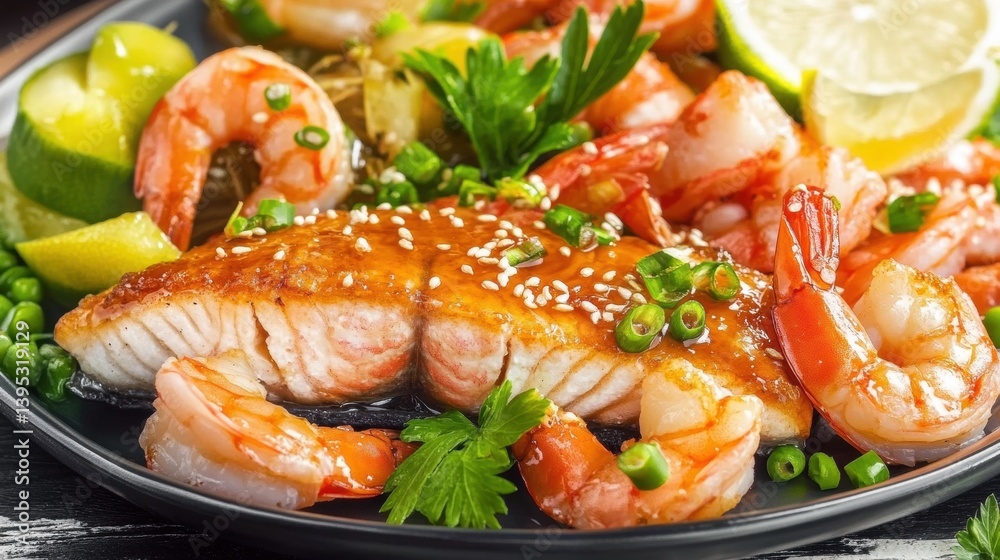 Delicious Honey Glazed Salmon with Shrimp and Lemon Wedges Delicious Honey Glazed Salmon with Shrimp and Lemon Wedges