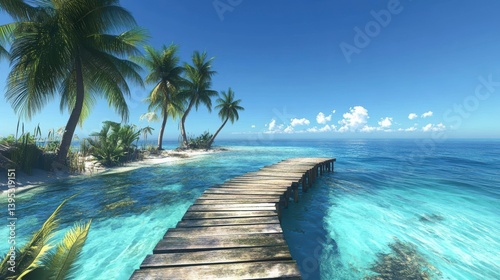 Wooden pier leading to a tropical island paradise with palm trees, clear turquoise water, and a sunny blue sky.
