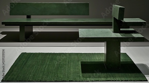 A modern park bench and table set in a deep forest green hue. photo