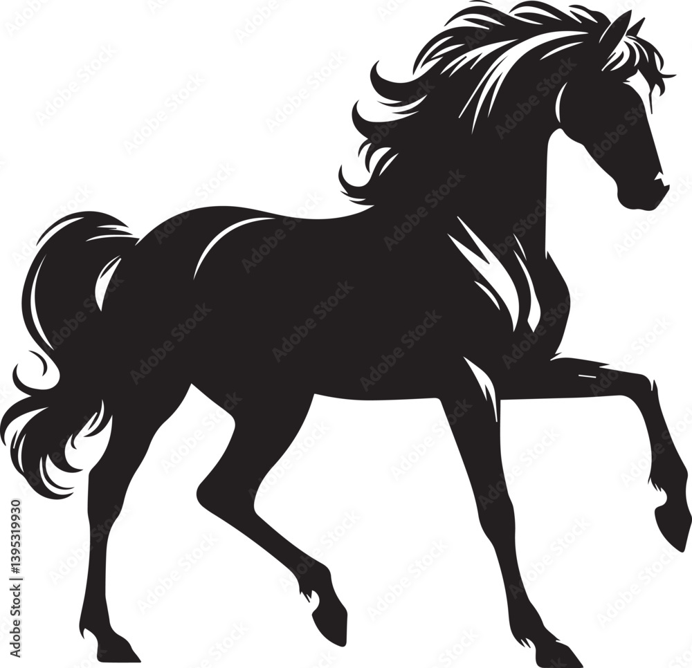 Obraz premium Black horse silhouette vector illustration showing a running stallion with flowing mane and tail