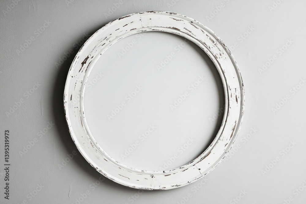 A distressed white circular wooden frame, positioned high and off-center on a light gray wall, creating a vintage farmhouse feel.
