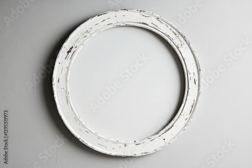 A distressed white circular wooden frame, positioned high and off-center on a light gray wall, creating a vintage farmhouse feel.
