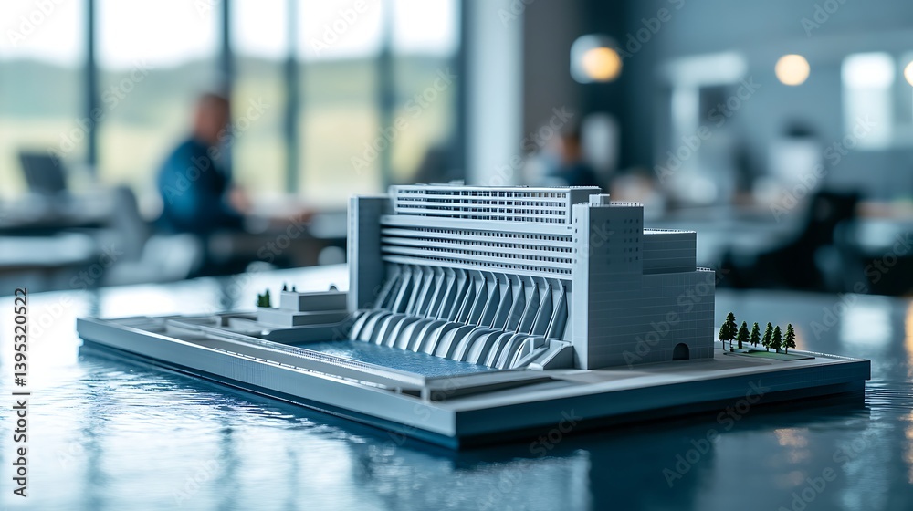 A hydro energy model placed on an office table in a bright and neat workspace, showcasing green energy in a business setting.