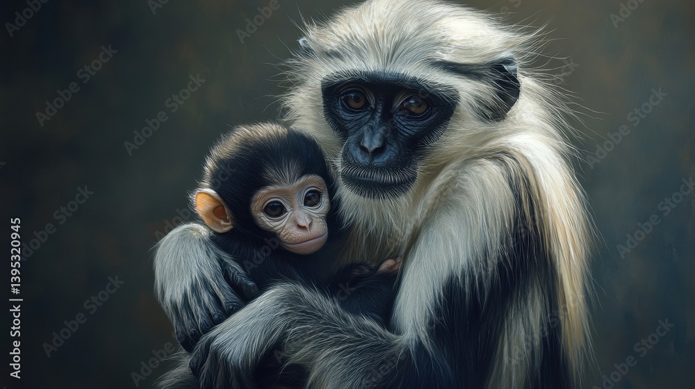 Fototapeta premium mother langur monkey protecting her baby