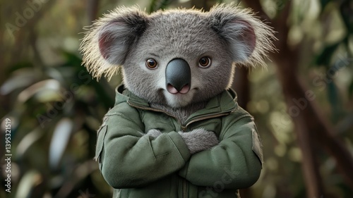 Stylized Koala bear with anthropomorphic qualities in a green jacket.
