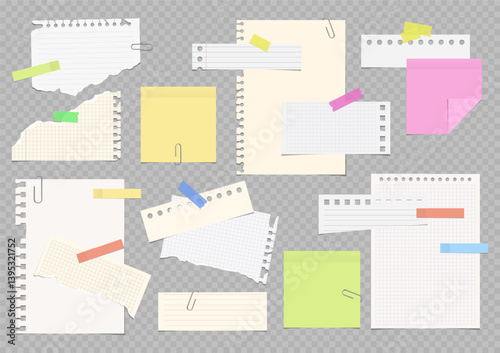 Vector notebook sheets attached with adhesive tape and paperclip.Set of torn lined and squared paper. Sticky notes and notebook pages for banners, posters, posts.