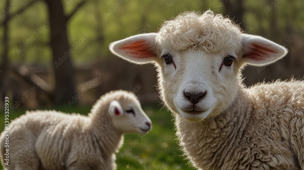 Lambs pasture spring sunlight, idyllic farm scene Lambs pasture spring sunlight, idyllic farm scene