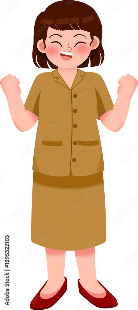 Joyful Woman in Golden Uniform, Triumphant Pose Joyful Woman in Golden Uniform, Triumphant Pose