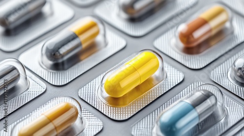 Macro shot of blister packs filled with colorful capsule pills. Pharmaceutical drugs for medication and health care.