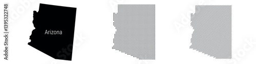 Arizona silhouette map and two patterns of dots and slanted lines. Flat vector illustration isolated on white