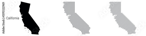 California silhouette map and two patterns of dots and slanted lines. Flat vector illustration isolated on white