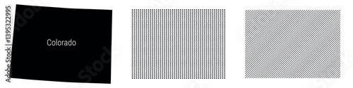 Colorado silhouette map and two patterns of dots and slanted lines. Flat vector illustration isolated on white