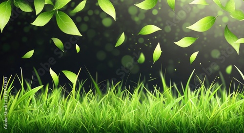 Lush green grass with falling leaves