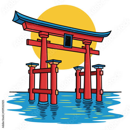 Create a bold, vector illustration of a vibrant, floating torii gate with thick, impactful strokes.  Emphasis on strong lines and graphic style.