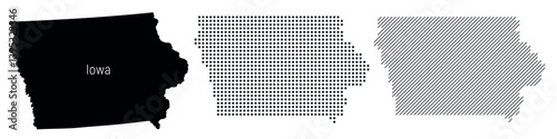 Iowa silhouette map and two patterns of dots and slanted lines. Flat vector illustration isolated on white