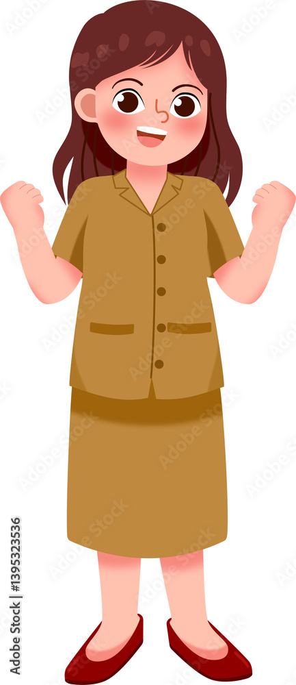 Joyful Girl in Mustard Yellow Uniform, Triumphant Pose Joyful Girl in Mustard Yellow Uniform, Triumphant Pose