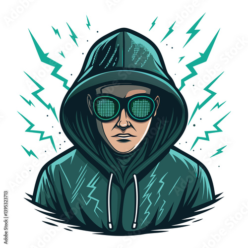 Create a bold vector illustration of a hooded hacker character, emphasizing strong lines and dramatic shadows.  Focus on a powerful, stylized pose.