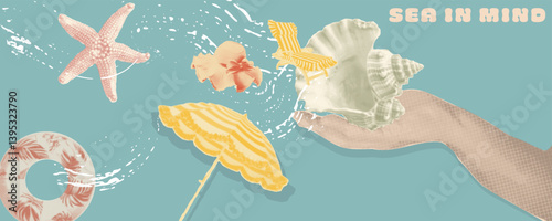 Surreal Retro Collage Poster with Halftone Summer Elements — dreamy beach nostalgia in pastel tones and Vintage Aesthetic style.