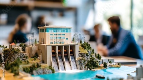 Obraz na płótnie Hydropower station model displayed on an office desk under natural lighting, representing renewable energy and innovation in a clean and organized office space. w salonie