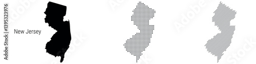 New Jersey silhouette map and two patterns of dots and slanted lines. Flat vector illustration isolated on white