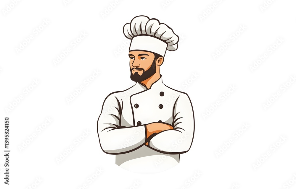 Confident Hispanic Chef Character with Crossed Arms, Beard, and Traditional Uniform Confident Hispanic Chef Character with Crossed Arms, Beard, and Traditional Uniform