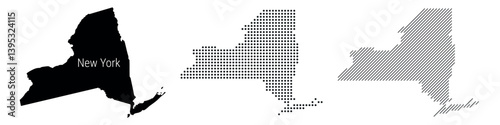 New York silhouette map and two patterns of dots and slanted lines. Flat vector illustration isolated on white