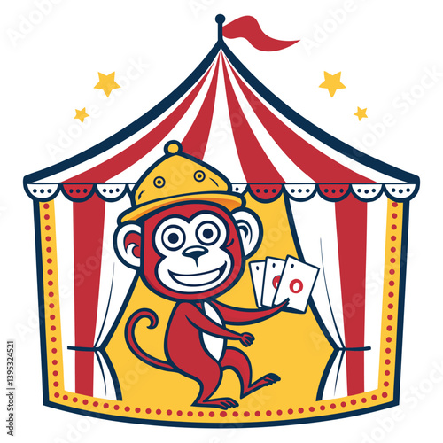 Design a bold, vector illustration of a mischievous joker monkey wearing a playful hat, using strong, contrasting colors and thick lines.