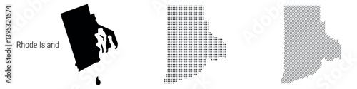 Rhode Island silhouette map and two patterns of dots and slanted lines. Flat vector illustration isolated on white
