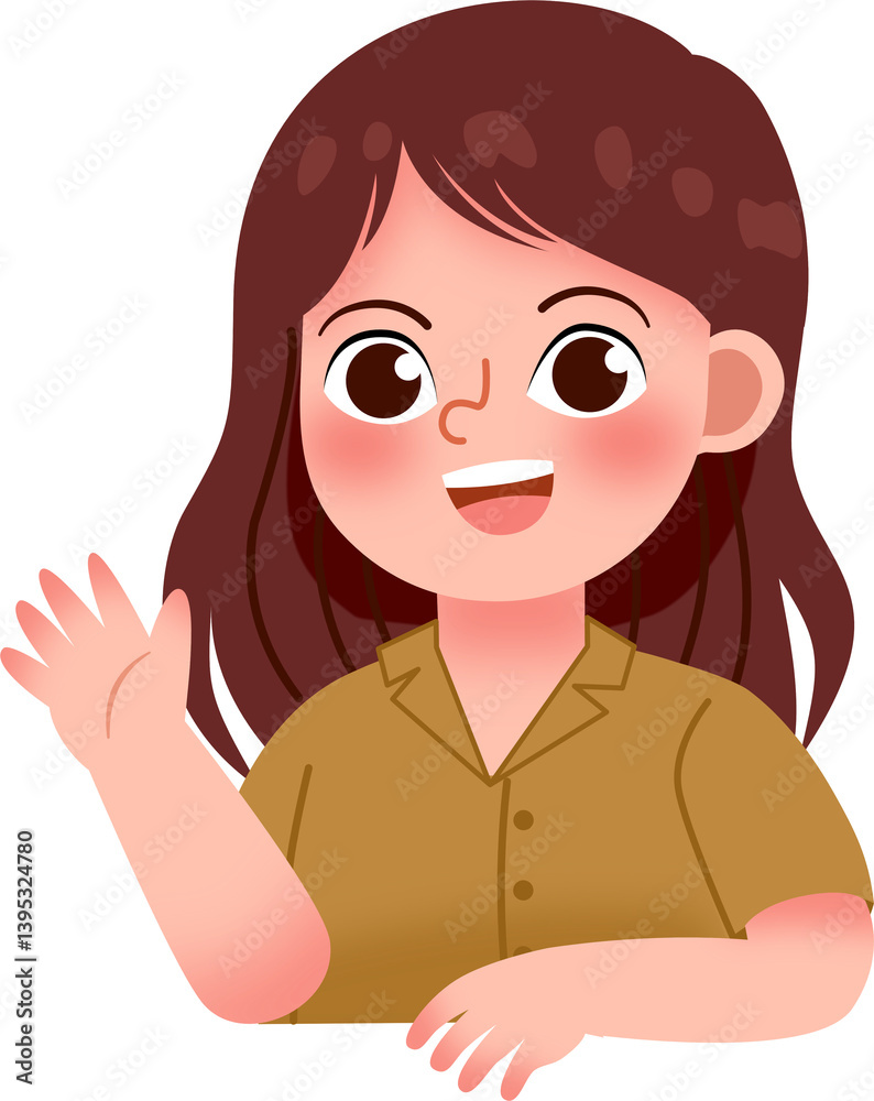 Cheerful Girl with Brown Hair Waving Hello, Cartoon Illustration Cheerful Girl with Brown Hair Waving Hello, Cartoon Illustration