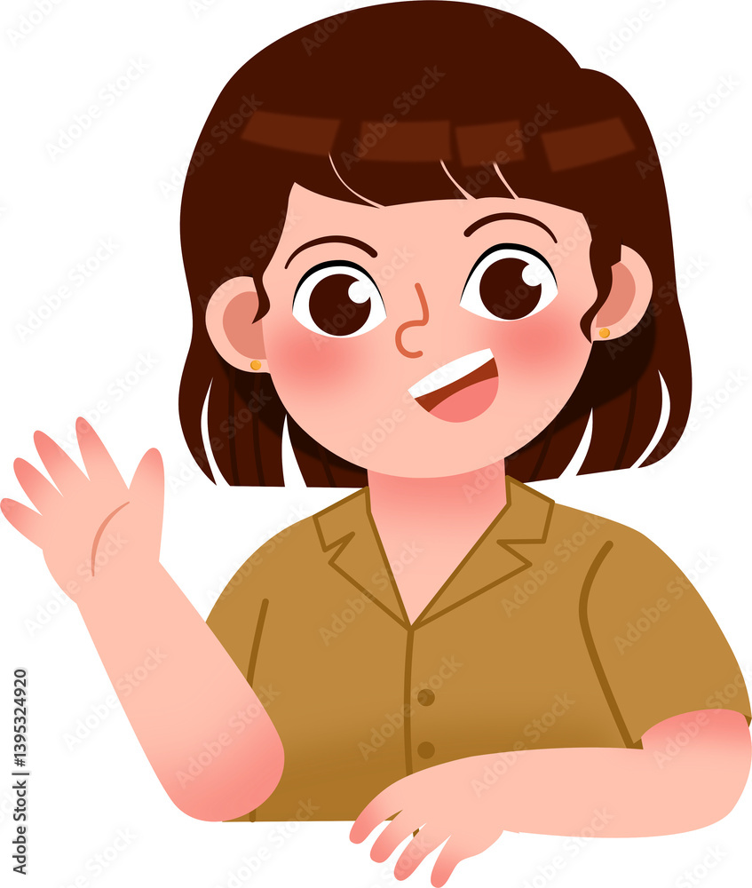 Cheerful Girl with Bob Haircut Waving Hello Cheerful Girl with Bob Haircut Waving Hello
