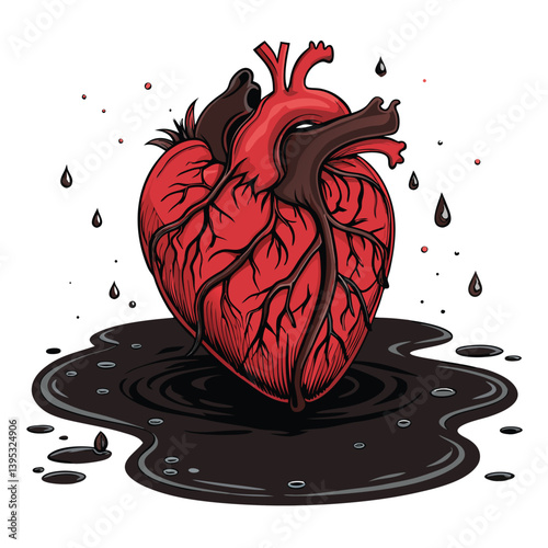 Design a vector illustration of a monstrous, torn heart with bold, dramatic strokes.  Focus on a ripped, visceral texture.