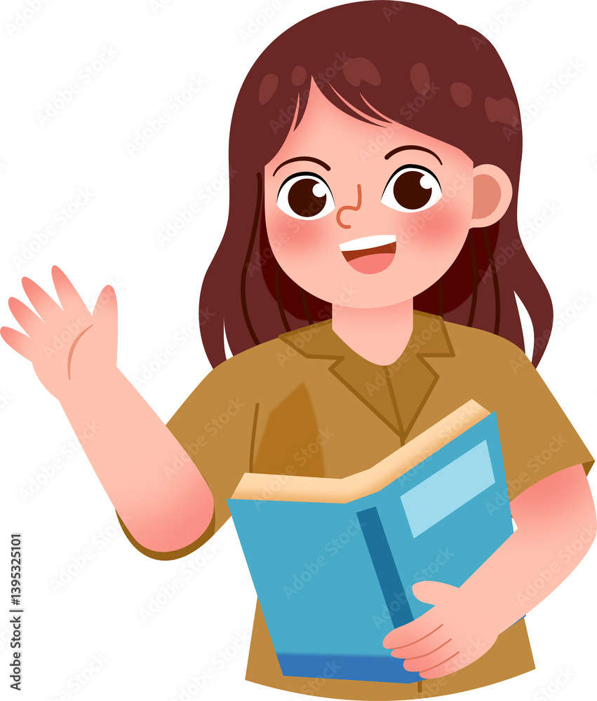 Smiling Girl in Khaki Uniform Waving, Holding Open Textbook Smiling Girl in Khaki Uniform Waving, Holding Open Textbook