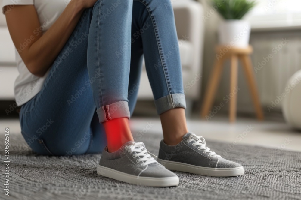 Woman experiencing foot pain at home. Close up of female ankle highlighted in red Woman experiencing foot pain at home. Close up of female ankle highlighted in red