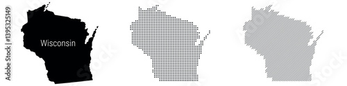 Wisconsin silhouette map and two patterns of dots and slanted lines. Flat vector illustration isolated on white