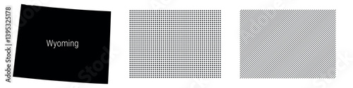 Wyoming silhouette map and two patterns of dots and slanted lines. Flat vector illustration isolated on white