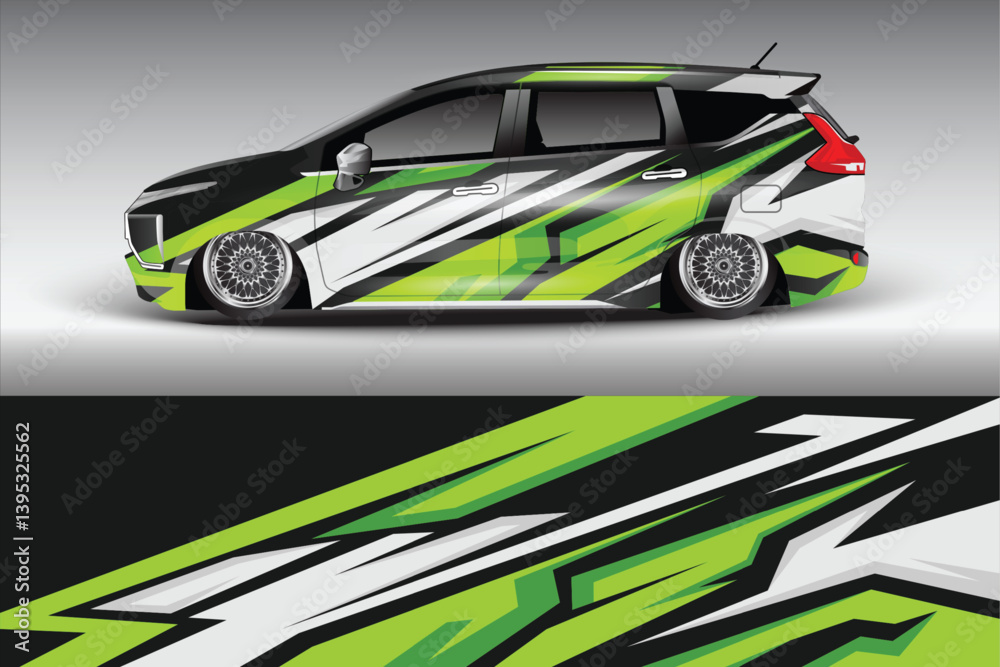 Sleek modified car with vibrant green and black graphics parked against a gradient background Sleek modified car with vibrant green and black graphics parked against a gradient background