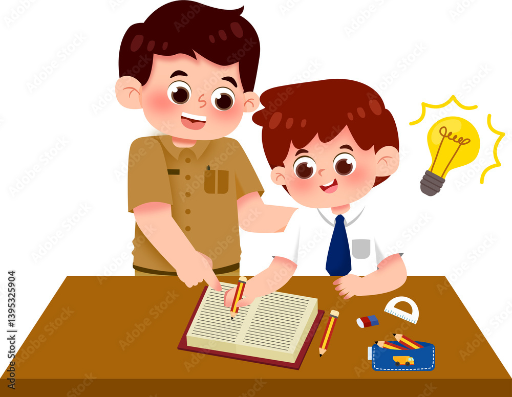 Smiling Tutor Guiding Student with Bright Idea in Classroom Smiling Tutor Guiding Student with Bright Idea in Classroom