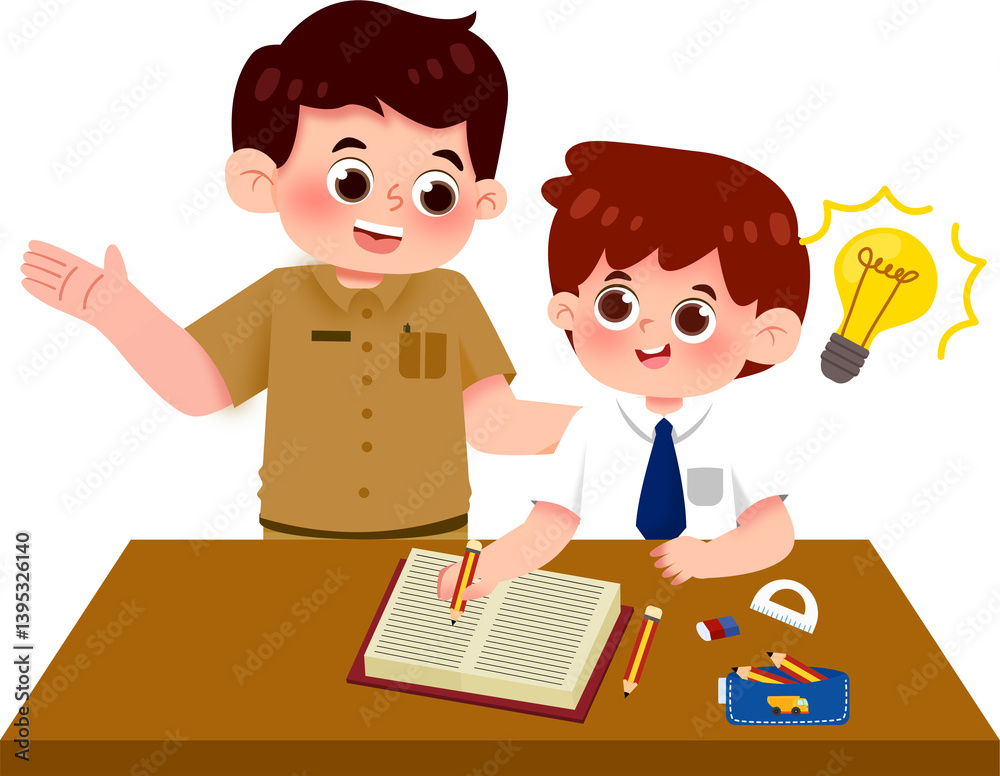 Tutoring Session: Smiling Teacher Guiding Student with Bright Idea Tutoring Session: Smiling Teacher Guiding Student with Bright Idea
