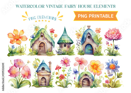 Set of Fairy House with Flowers in Watercolor Style Isolated on White Background