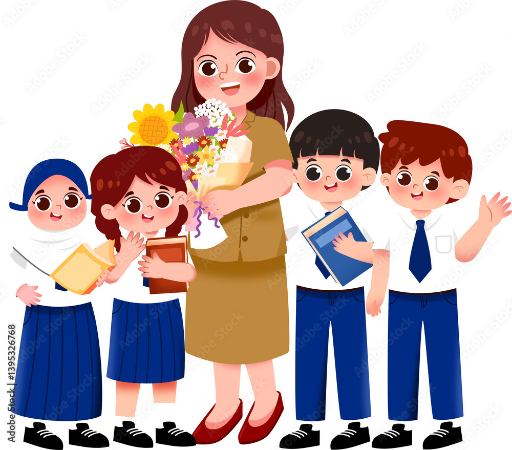 Smiling Teacher with Bouquet and Enthusiastic Students in Uniforms Smiling Teacher with Bouquet and Enthusiastic Students in Uniforms