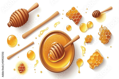 Honey and wooden dipper isolated on white background, top view