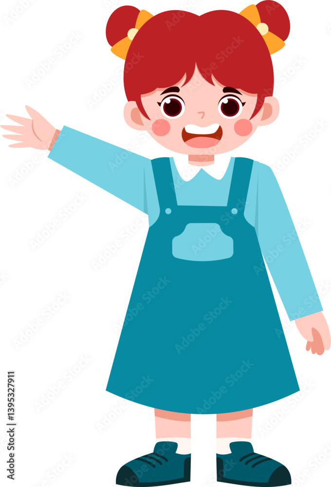 Cheerful Girl in Teal Jumper Dress, Waving Hello Cheerful Girl in Teal Jumper Dress, Waving Hello