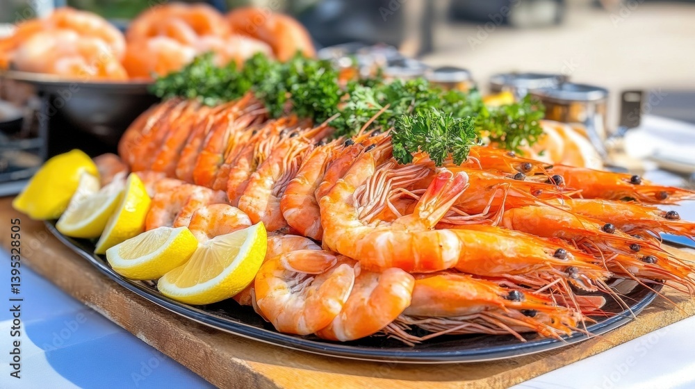 Fresh Shrimp Platter with Lemon Slices and Green Herbs Fresh Shrimp Platter with Lemon Slices and Green Herbs