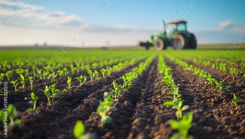 Sprout Field Landscape, Young Green Plants Emerging, Tractor Distant, Blue Sky, Rows
