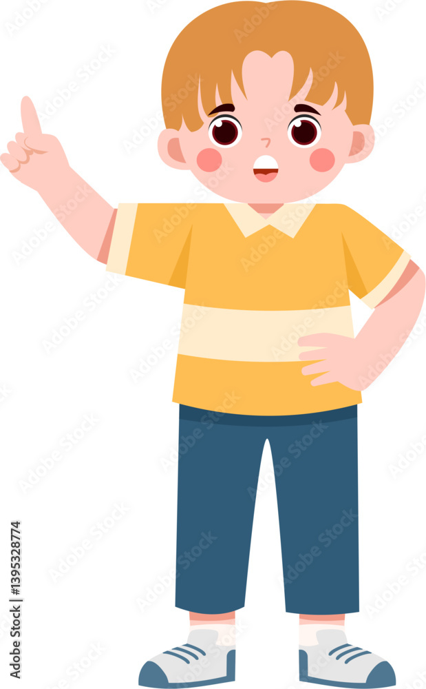 Cheerful Boy in Yellow Polo Shirt Pointing Upward Cheerful Boy in Yellow Polo Shirt Pointing Upward