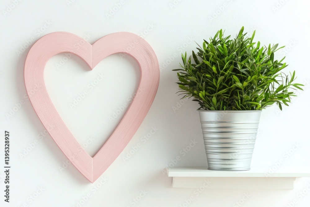 A frame shaped like a heart in light pink wood, beautifully placed on a white wall, radiating love and warmth.