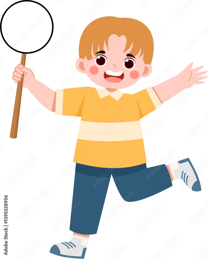 Joyful Boy with Blank Circle Sign, Running and Playing Joyful Boy with Blank Circle Sign, Running and Playing